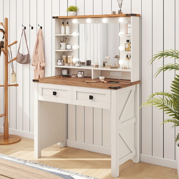 product-fancy-e2ee18a8-b1df-4235-aab8-f40bc3b7496d 47.2"W Farmhouse Vanity Makeup Vanity Desk with Mirror And Lights, Vanity Table with 4 Drawers & Shelves Big Makeup Desk with Charging Station for Bedroom, Dark Rustic Oak (Stool Not Included)