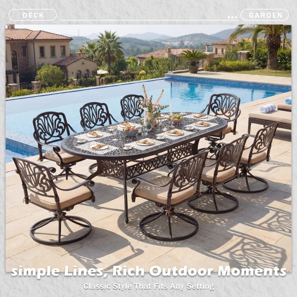 product-fancy-e3364eef-edc8-4490-a78f-8e48b9a3bef5 9pcs Cast Aluminum Patio Furniture, Outdoor Dining Sets for 8 Include 87" Oval Patio Dining Table And 8 Chairs with Cushions & Umbrella Hole (Bronze)