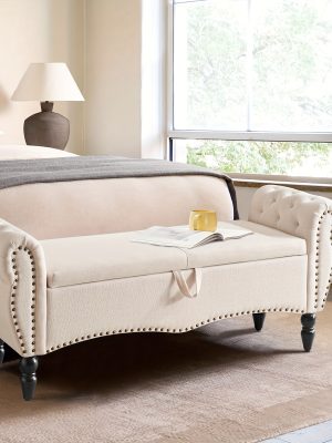 Mid-Century Modern Large Capacity Wooden Storage Box, Bedroom End of Bed Chair with Roll-Up Arms - Spacious Storage Space, Flip-Top Design, Perfect for Bedroom, Living Room, Hallway - Durable, Sturdy, Easy to Assemble