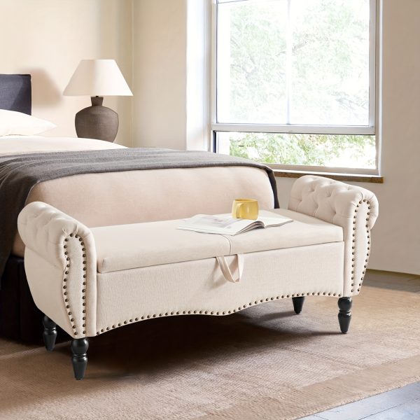 product-fancy-e3450e6e-e980-4bc6-bf9b-57aa39f928a5 Mid-Century Modern Large Capacity Wooden Storage Box, Bedroom End of Bed Chair with Roll-Up Arms - Spacious Storage Space, Flip-Top Design, Perfect for Bedroom, Living Room, Hallway - Durable, Sturdy, Easy to Assemble