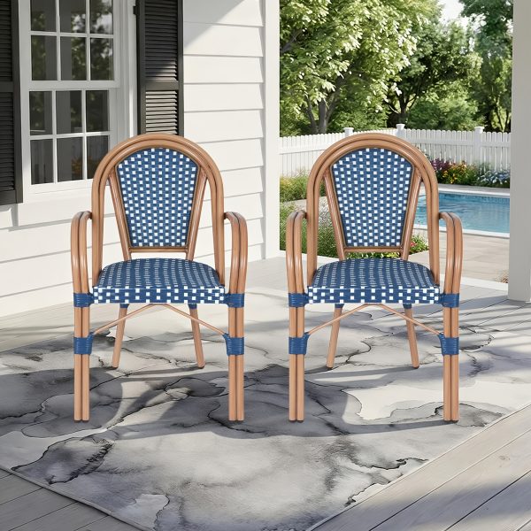 product-fancy-e37eae8a-484c-4df5-81b5-9eb8cde8956e French Bistro Chairs Set Of 2, Hand-Woven PE Rattan Outdoor Arm Dining Chairs with Metal Frame for Garden Balcony