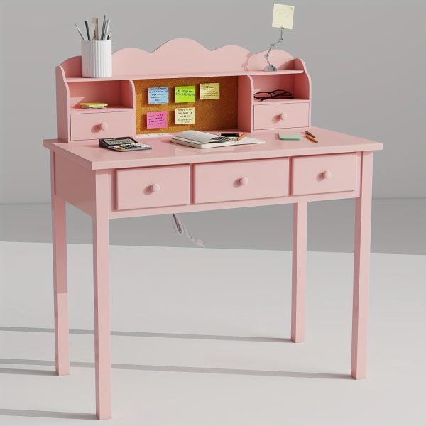 product-fancy-e42f928e-483f-4b7e-8f12-e1e1141d9b99 Modern 40-Inch Pink Writing Desk Featuring a Hutch And Five Drawers, Ideal for a for home Office Or As a Compact Vanity in The Bedroom