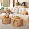 product-fancy-e4308210-663a-4ee6-8aae-194bcc0a9397 Handwoven Outdoor Side Tables, Set of 2 Natural Water Hyacinth Outside End Tables, Round Coffee Table for Patio, Garden, Backyard, Indoor Outdoor Plant Or End Table
