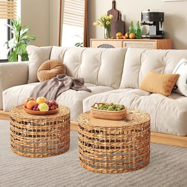 product-fancy-e4308210-663a-4ee6-8aae-194bcc0a9397 Handwoven Outdoor Side Tables, Set of 2 Natural Water Hyacinth Outside End Tables, Round Coffee Table for Patio, Garden, Backyard, Indoor Outdoor Plant Or End Table