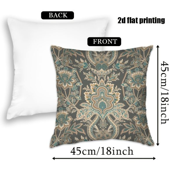 product-fancy-e4572b4e-013c-4e53-be4f-3b12d919630d 2D Flat, Terrace Cushion Cover, 1pc 18X18 Inches Square Pillow Cover, A Dark Gray Background Features an Intricate, Symmetrical Pattern with Teal, Cream, And Golden Floral Motifs, Including Large Central Blooms, Leaves, And Scrollwork