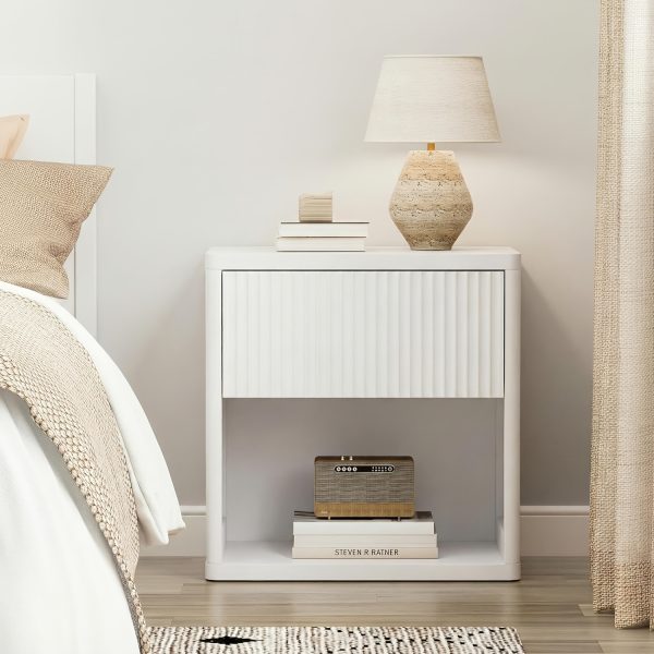 product-fancy-e4723d45-75e8-4057-b473-5663ef217144 Modern Space-Saving Nightstand with Hidden Drawers & Open Shelf - Curved Bedside Table Suitable for Small Bedrooms, Freestanding Assembly Required Bedside with Concealed Drawers and Open Shelves for Narrow Spaces