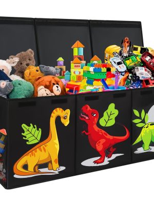 Extra Large Box, Collapsible Sturdy Storage Organizer With Lids, Dinosaur Box For 14+ Boys Girls, Chest Bin Baskets For Living Room, Playroom, Bedroom, Nursery, Black