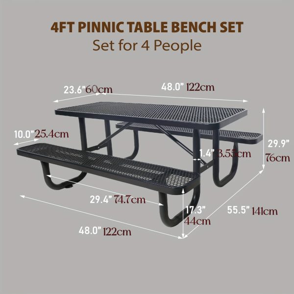 4/6FT Heavy-Duty Metal Picnic Tables For Outdoor, Rectangular Commercial 4-6-Person Picnic Tables With Bench, Expanded Picnic Table And Bench Set, Outside Furniture Set For Yard, Outside, Garden, Backyard, Porch, Patio, Lawn, Black, Weather Resistant
