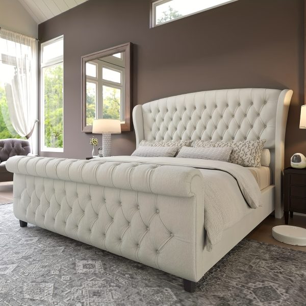 product-fancy-e4f3c73b-3bc5-451a-8523-315f1ced87d4 Chenille Upholstered Platform Bed Frame with Scroll Wingback Headboard And Footboard, Button Tufted Design, No Box Spring Required