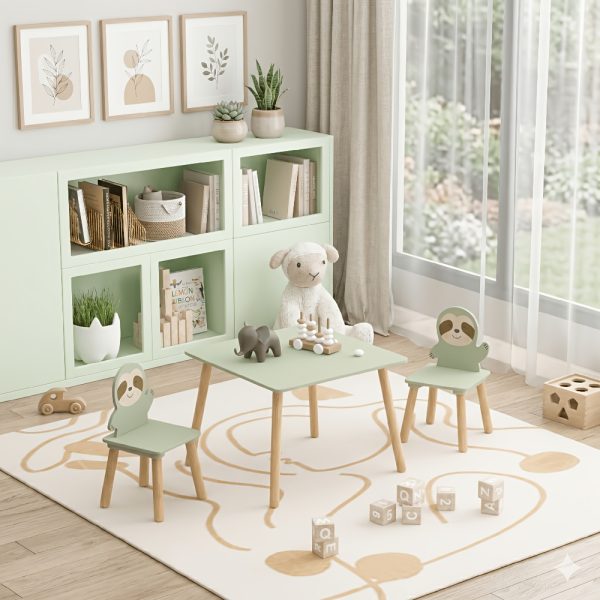 product-fancy-e4f460ad-fad6-4d15-85f5-07067a454812 Kids Table and Chair Set with 2 Sloth Chairs - Toddler Activity Table & Sage Green Chairs Suitable for Playroom,, Classroom, Assembly, Cute Animal Design for Room Furniture, Study Table for