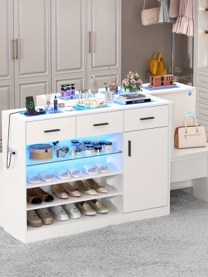 Wardrobe Armoire Closet with Charging & LED Light, Walk-in Closet Island Dresser with Glass Showcase, 4 Drawers & Doors, Modern Cabinet Organizer with Bench, Wardrobe Clothes Organizer with Closet Shelves (White)