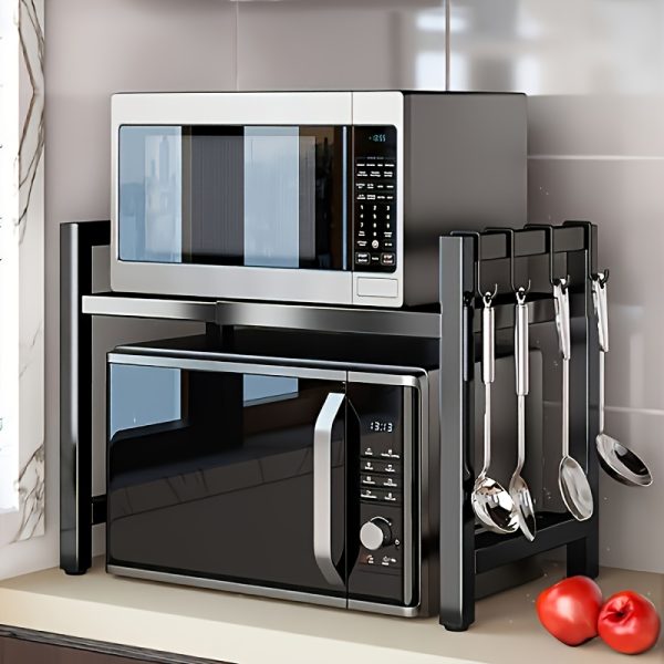 product-fancy-e54bd259-68a2-4d98-adb6-d488074aa49d 1pc Triangle Shelf with Hooks, Expandable Metal Microwave Oven Rack - Vertical Countertop Storage Rack for Toaster Oven, Air Fryer, Rice Cooker And Other Appliances - Easy to Install, Sturdy Metal Construction, Space-Saving Design