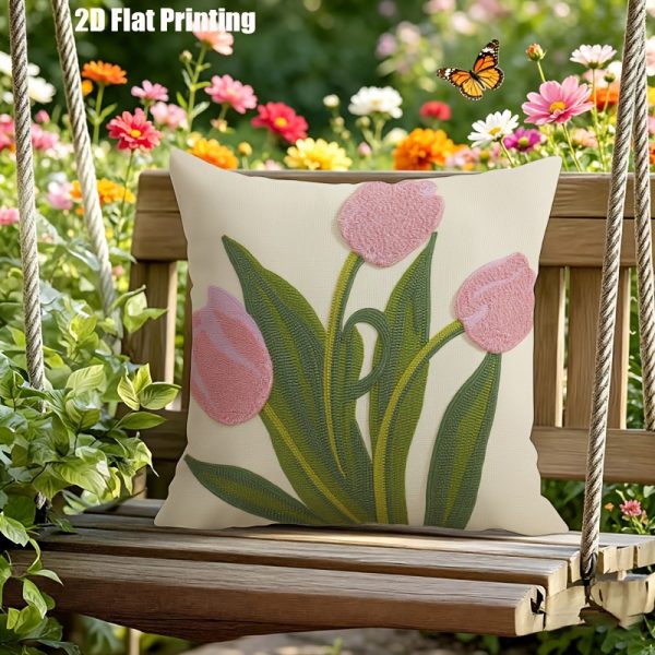 product-fancy-e55656ed-c0a0-4b3f-9488-c6bcf915bd5b 2D Flat,Terrace Cushion Cover,1pc 18X18 Inches Quare Pillow Cover, Embroidery Features Three Pink Tulips with Green Leaves and Stems.,Decoration, Gifts,Valentine Festival Gifts,Outdoor Indoor,Garden Decoration, 2D Flat