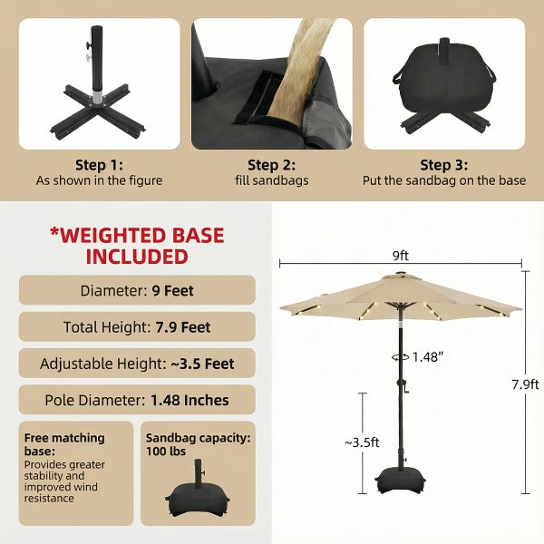 product-fancy-e5639a4f-274a-48e1-a1ac-390602ca0508 Solar 9ft Market Umbrella with Base, Deluxe 32 LED Lighted Patio Umbrella, Patio Umbrellas Outdoor Table Umbrella with Ventilation, Solar Umbrella with Push Button Tilt/Crank for Garden, Deck, Backyard, And Pool