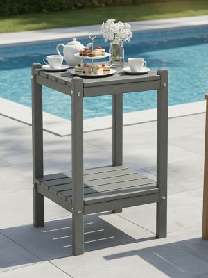 Outdoor HDPE Double-layer High Side Table, Leisure Side Table with Double-Layer Storage Design, Multifunctional Small Coffee Table, for Courtyard, Pool, Terrace And Balcony, Gray