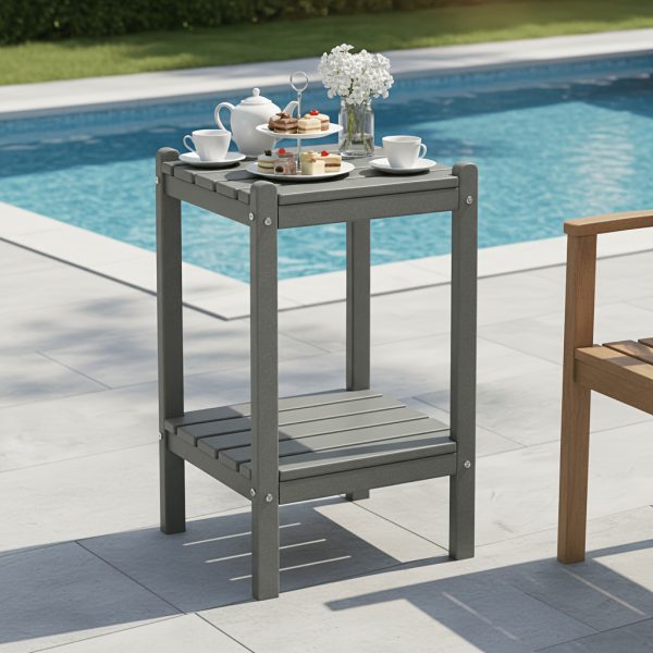 Outdoor HDPE Double-layer High Side Table, Leisure Side Table with Double-Layer Storage Design, Multifunctional Small Coffee Table, for Courtyard, Pool, Terrace And Balcony, Gray