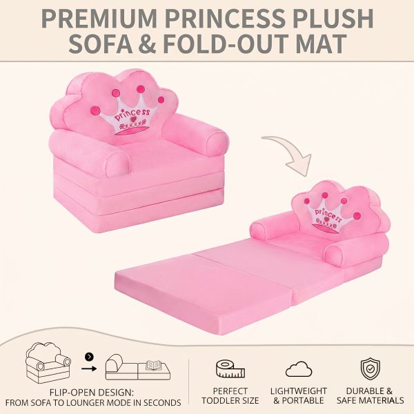 product-fancy-e59b75f9-6a4e-49a7-a8d8-646ff811dba3 Kids Sofa Princess Crown Pink - 2-in-1 Flip Open Kids Couch & Lounger | Machine Washable Plush Cover & Certified Safe Foam | Dreamy Reading Nook Chair For Girls