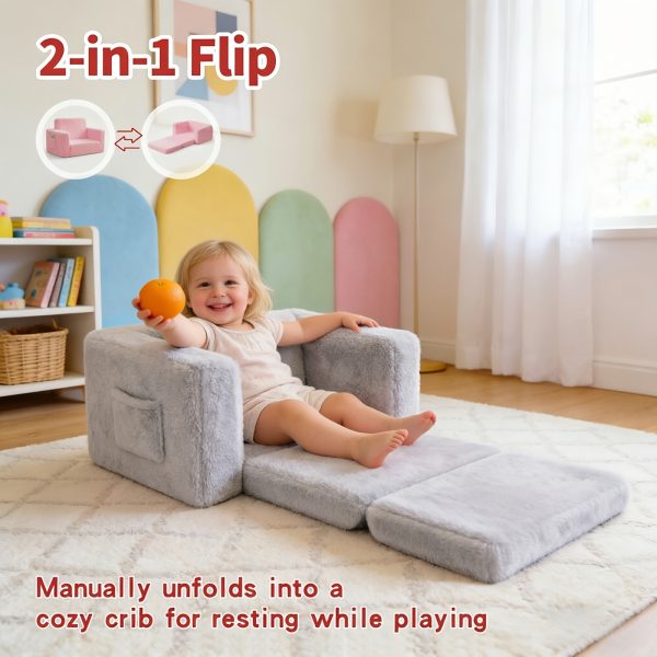 product-fancy-e5a45341-4b7c-4f56-9299-6ed69046b220 Kids Sofa 2-in-1 Convertible to Recliner Chair - Soft Plush Gray/Pink/White Youngsters Lounge Chair with Storage Pocket, Cozy Folding Playroom Furniture for Boys And Girls, Youngsters Playroom Furniture Pocketed Armrests | Velvet Upholstery, Chair