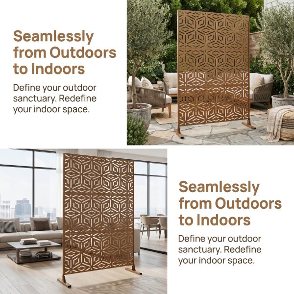 product-fancy-e5d9ba78-13aa-4b35-87d3-23a90424459b Walnut Brown Metal Privacy Screen 76"X48" Freestanding, Premium Indoor Outdoor Decorative Fence Panel Divider for Deck Balcony Patio Backyard Lawn Garden Pool Yard Porch Front Yard Bedroom Living Room Office Studio Entryway Hallway Decorative Fence