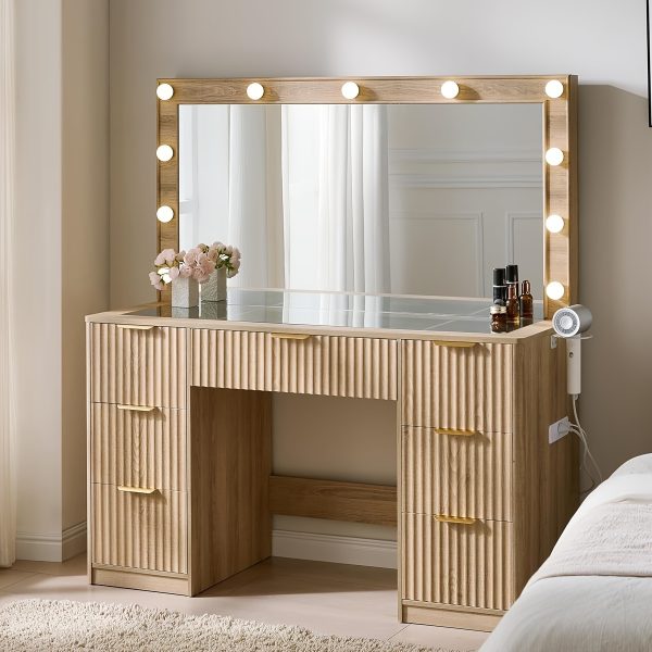 product-fancy-e5f8eb86-88b7-4273-b97c-70dac730881b ALBOTT Fluted Vanity Desk With Large Mirror, Adjustable LED Lights, Glass Top, Charging Station And 4 Or 7 Drawers Makeup Table For Women And Girls, Suitable For Home Use