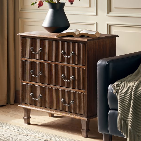 product-fancy-e66f1336-3ea3-4601-a2bb-3df300eb4bbf French Country 3-Drawer End Table with Paulownia Wood - Space-Saving 30-Inch Rustic Nightstand, Assembly for Living Room, Bedroom, Entryway - Compact Storage Furniture ( Wood Grain)