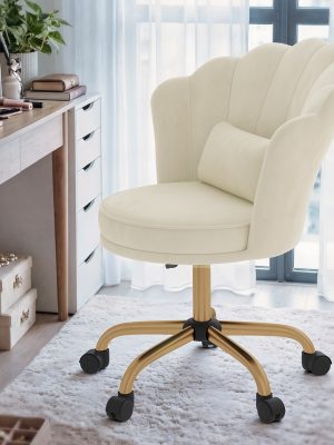 Girls' & Women' Luxury Velvet Tufted Vanity Chair with Wheels - Height Adjustable Upholstered Desk Chair Suitable for Bedroom, Living Room, Dressing Table, Soft Cushioning, No Assembly Required, Contemporary Petal for Home Office