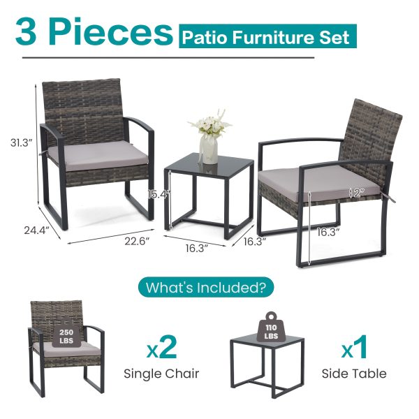 Bezseller 3pcs Outdoor Furniture Set, Rattan Bistro Set with Coffee Table, Sturdy Steel Frame with Cushions for Garden, Balcony, Poolside, And Backyard