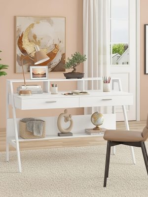 47 Inch Computer Desk With Storage Shelf & Drawers | Modern Office Writing Desk Study Table With Monitor Stand Riser, White, Byblight, Christmas Renewal