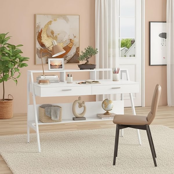 product-fancy-e6d0e35b-91ca-4e31-b417-3dc3e508e89e 47 Inch Computer Desk With Storage Shelf & Drawers | Modern Office Writing Desk Study Table With Monitor Stand Riser, White, Byblight, Christmas Renewal