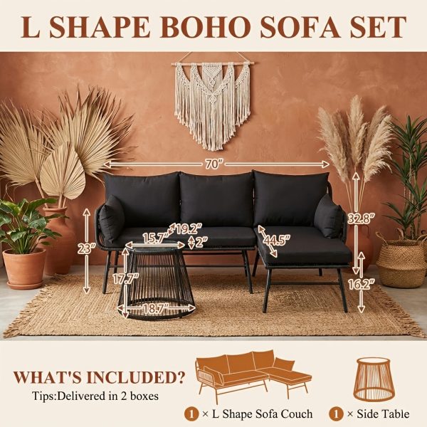 Bezseller 3pcs Outdoor Patio Rattan Furniture Set, L-Shaped Conversation Set with Coffee Table for Backyard, Balcony, Garden, Porch, Patio