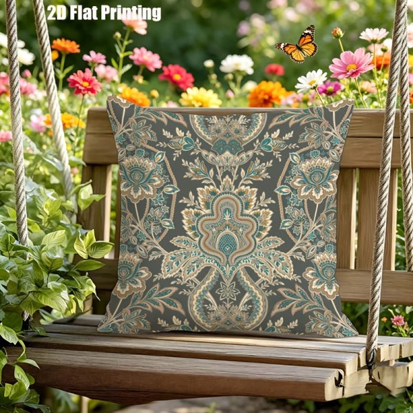 product-fancy-e731a13e-0a43-4c22-adfb-4d556b29b4c5 2D Flat, Terrace Cushion Cover, 1pc 18X18 Inches Square Pillow Cover, A Dark Gray Background Features an Intricate, Symmetrical Pattern with Teal, Cream, And Golden Floral Motifs, Including Large Central Blooms, Leaves, And Scrollwork