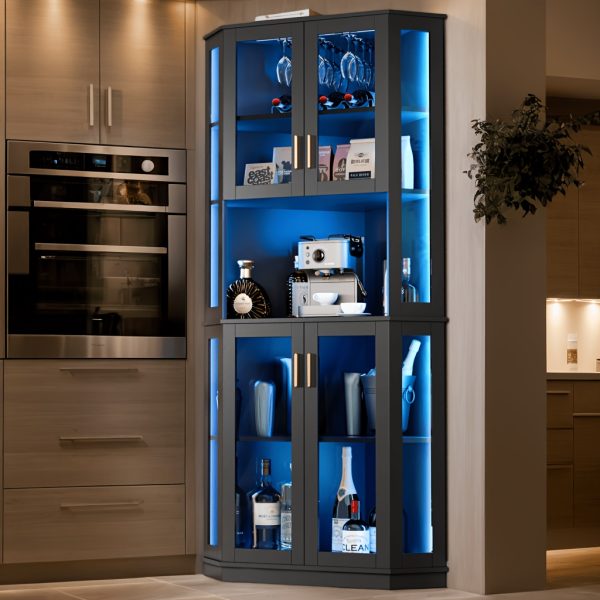 product-fancy-e74e622f-f1ac-4b36-8606-05761384f673 65" Tall Corner Wine Bar Cabinet with LED Lights, 4-Tier Liquor Storage Cabinet with Glass Door, Space Saving Organizer for Living Room & Kitchen (Black/White)