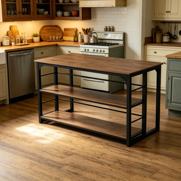 product-fancy-e7b21599-c0e7-450f-90a2-2a6bed939c3b 62.99-Inch Kitchen Island with Storage, 3-Tier Solid Wood Island Table with Open Shelves, Large Prep Table for Kitchen Dining Room, Rustic Brown