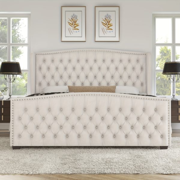 product-fancy-e7b8959a-dd4f-42b8-b0f4-06828fc7c24c Handcrafted Velvet Bed Frame Featuring a Wingback Headboard, Adorned with Button Tufting And Nailhead Accents, Supported by Wooden Slats.