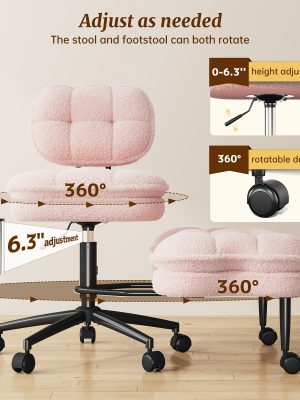DURAYLOLY Ergonomic Cross Legged Chair, 360° Swivel Meditation Chair with Wheels, Height Adjustable Seat, Strong Lumbar Support, Home Office Furniture, Teddy Fabric