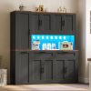 product-fancy-e80586cf-e81f-4b9e-9868-68a08e61eb63 71 Inch Kitchen Pantry Cabinet with LED Lights And Charging Station, 59 Inch Wide Wooden Storage Cabinet with 2 Drawers, 8 Doors, 3-Tier Storage Cart, And 4 Door Shelves, Pantry Storage Cabinet with Microwave Stand for Dining Room, Black, White
