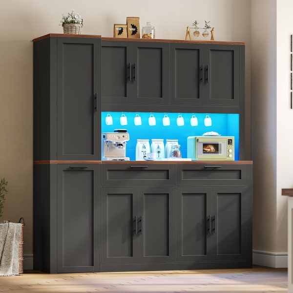 product-fancy-e80586cf-e81f-4b9e-9868-68a08e61eb63 71 Inch Kitchen Pantry Cabinet with LED Lights And Charging Station, 59 Inch Wide Wooden Storage Cabinet with 2 Drawers, 8 Doors, 3-Tier Storage Cart, And 4 Door Shelves, Pantry Storage Cabinet with Microwave Stand for Dining Room, Black, White