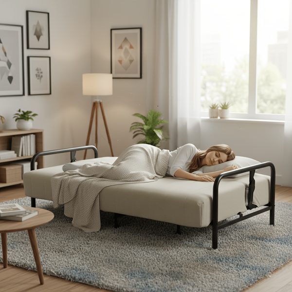 product-fancy-e80b9abd-9d65-4669-af1d-7f5937834580 Modern Convertible Upholstered Sofa Bed with Adjustable Backrest & Independent Spring Support - Heavy-Duty Metal Frame, 600 Lbs Weight Capacity, Smooth Flat Sleeper Bed for Small Spaces, Guest Room, Daybed - Assembly, Space-Saving