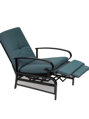 Patio Adjustable Lounge Chair, Waterproof Metal Chaise Longue With Blue Cushions, Perfect For Porch, Backyard, Pool Or Garden