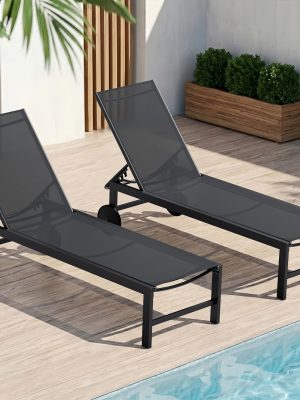 2pcs Aluminum Chaise Lounge Chairs with Wheels Outdoor Adjustable Recliner Five-Position and Full Flat All Weather for Patio, Beach, Yard, Pool