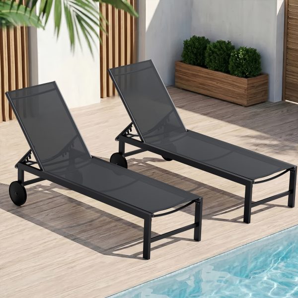 product-fancy-e8f2afe6-a16d-4644-8447-1345023b2bb2 2pcs Aluminum Chaise Lounge Chairs with Wheels Outdoor Adjustable Recliner Five-Position and Full Flat All Weather for Patio, Beach, Yard, Pool