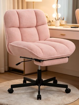 Vanity Chair with Footrest, Teddy Fleece Vanity Chair, Height Adjustable Swivel Desk Chair, 90°-120° Recline, with Wheels, for Bedroom, Home Office, Makeup