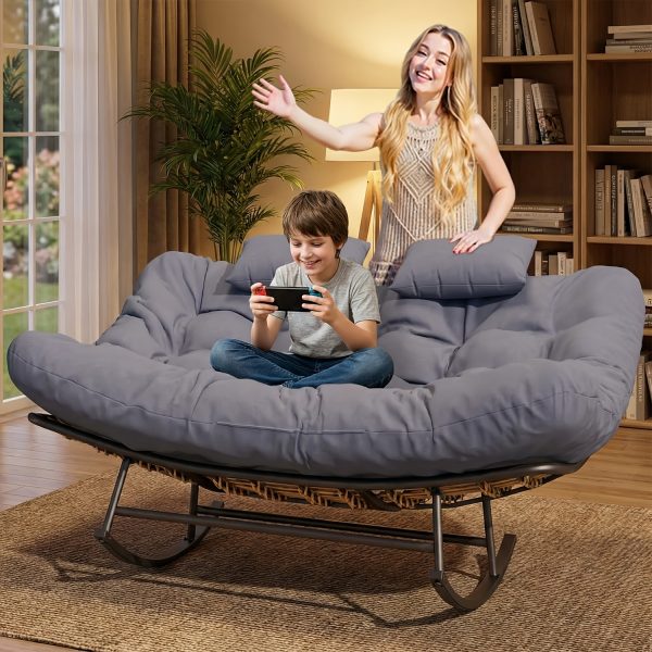 product-fancy-e958942e-73c0-4e6c-a923-a38e134a0a31 Large Papasan Rocking Chair, Double Rocking Chair with Thick Cushions And Rattan Frame, Oversized Lounge Chair for Nurseries, Suitable for Rooms, Living Rooms, Bedrooms, And Apartments (Gray)