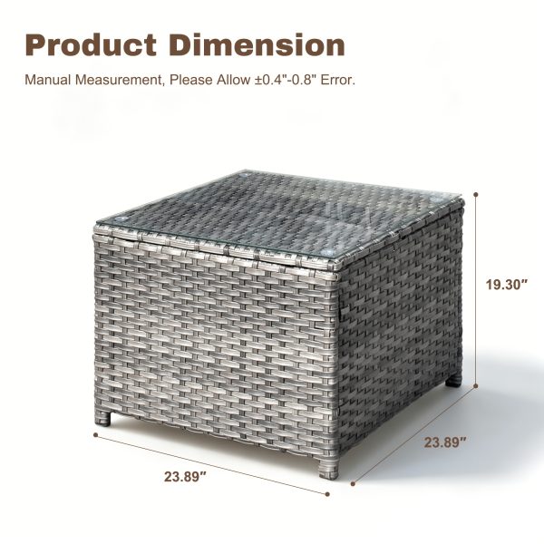 [Outdoor Coffee Table] 24" Square Outdoor Coffee Table Suitable for Backyard, Balcony & Deck - Handwoven PE Wicker Frame with Tempered Glass Top, All-Weather Bistro Table, Glass for Patio Furniture, Compact for Small Spaces, Garden Entertaining