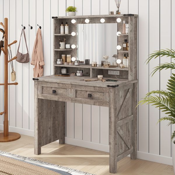 product-fancy-ea192156-ab93-4ff4-ba3e-f38c7d5c5a25 47.2"W Farmhouse Vanity Makeup Vanity Desk with Mirror And Lights, Vanity Table with 4 Drawers & Shelves Big Makeup Desk with Charging Station for Bedroom, Dark Rustic Oak (Stool Not Included)