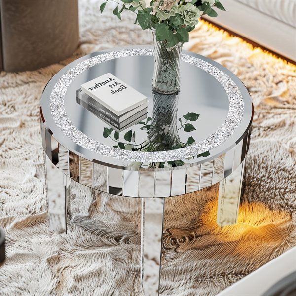 product-fancy-ea1fd776-812d-4e13-a10a-caee01d00d07 AESOME 23.62'' Mirrored Round Coffee Table for Living Room Modern Glass Accent Table with Crystals Inlay Silver Sofa Accent Table for Home & Office