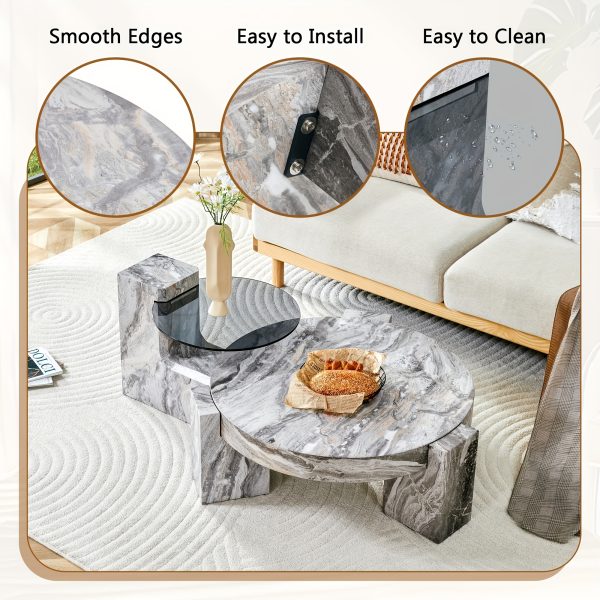 product-fancy-ea2670ec-0b30-45da-954c-341085df54b6 MUUOKY Modern Round Nesting Coffee Table with Faux Marble Top & Glass Side Table - 24” Center Table Suitable for Living Room, 2-Tier Space-Saving, Easy Assembly, Luxury Apartment Furniture, Engineered Wood Base for Small Homes