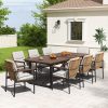 Patio Dining Set Outdoor, Wicker Chairs with Aluminum Frame and Olefin Cushions, Large Wooden Dining Table with Umbrella Hole, Patio Table and Chairs for Yard Garden Porch