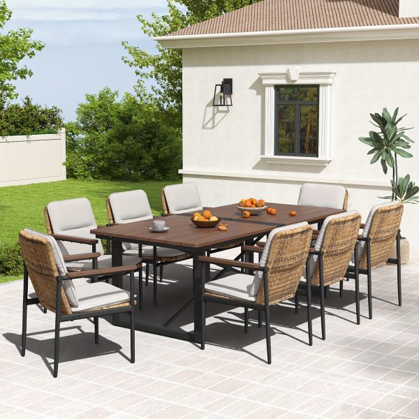Patio Dining Set Outdoor, Wicker Chairs with Aluminum Frame and Olefin Cushions, Large Wooden Dining Table with Umbrella Hole, Patio Table and Chairs for Yard Garden Porch