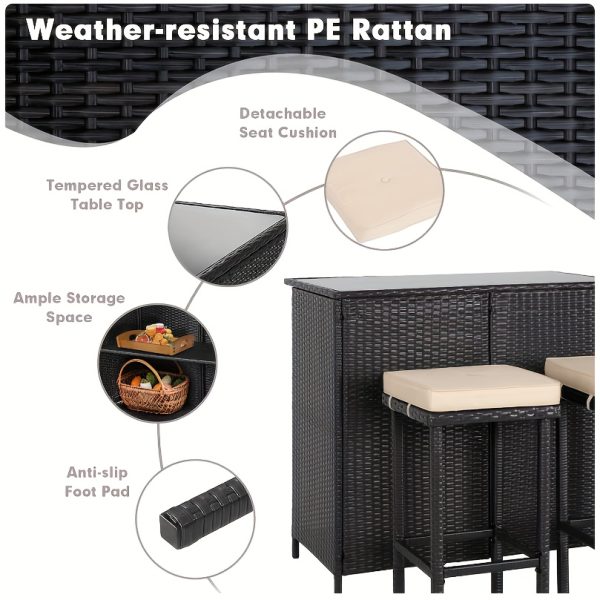 3pcs Outdoor Wicker Patio Bar Set with Hidden Storage Shelf, Brown Glass Top Table with Two Matching Stools and Comfortable Cushions for Backyard, Garden, Poolside and Patio